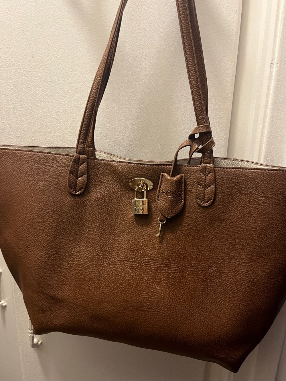 BCBG Paris Brown Pebbled Leather Tote with Silver Padlock